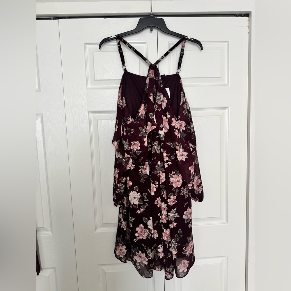 Torrid Burgundy Floral Dress With Cold Shoulders and Ruffle Neckline